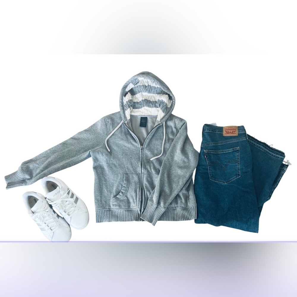 Vintage Faded Glory Zip Up Hoodie Gray w/ Knit Hood Cozy Casual Sweatshirt